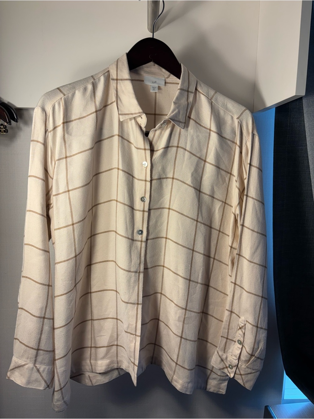 J.Jill Petite M Ivory Taupe Windowpane Plaid Button Front Blouse